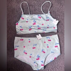 Anthropologie Cherry Print Bra Set - Light Blue and Pink